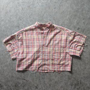 Plaid Cropped Button Down with Mandarin Colar
